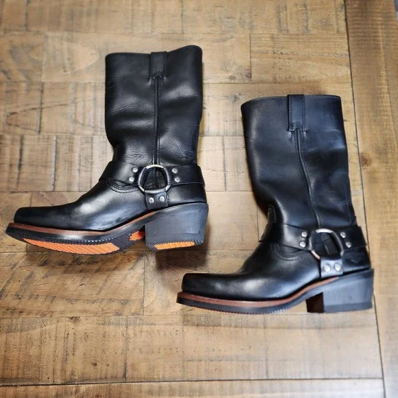 Harley Davidson Womens Black Leather Harness Biker Boots Square Toe 85145 Size 8 - Picture 1 of 9